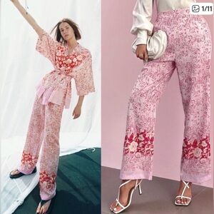 ZARA Pink Paisley Linen Wide Leg Pants | Pockets | Boho Resort S